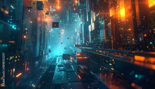 A futuristic digital landscape with tall structures a central path and glowing teal and orange lights with floating particles