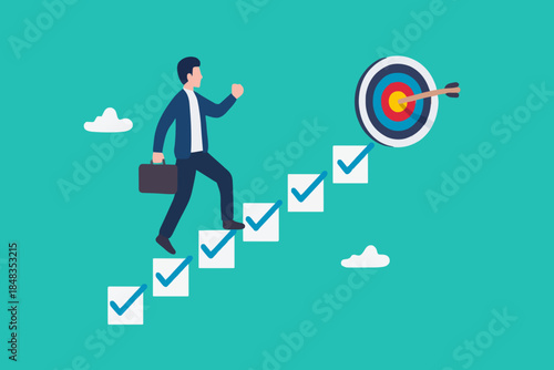 Personal development plan for career success, build specialist skill or competence to motivate and achieve business target concept, smart businesswoman walk up checklist as staircase to achieve target