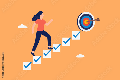 Personal development plan for career success, build specialist skill or competence to motivate and achieve business target concept, smart businesswoman walk up checklist as staircase to achieve target