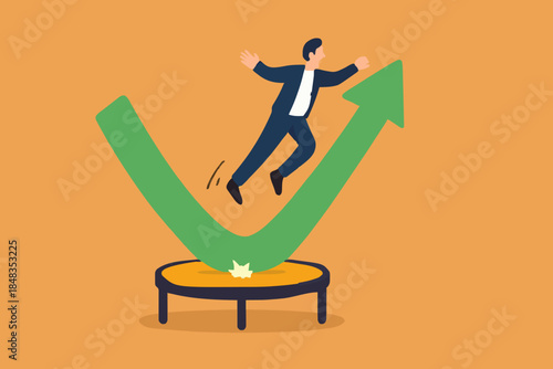 Stock market rebound, overcome business down fall and grow up profit or leadership and achievement concept, businessman jump bouncing high on trampoline with green rising up performance arrow graph.