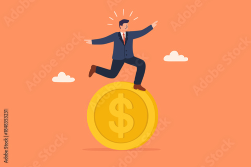 Financial guru or expert, behavioral finance mindfulness for wealth management, money and investment advisor concept, smart businessman meditate and floating on big golden money dollar coin.