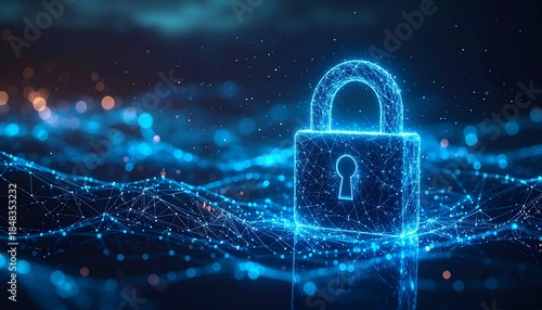 A glowing blue digital padlock made of a network of lines and dots sits on a reflective surface against a dark abstract background