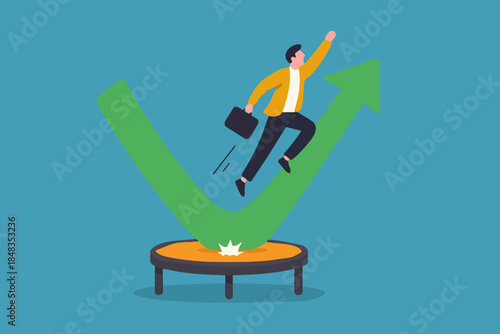 Stock market rebound, overcome business down fall and grow up profit or leadership and achievement concept, businessman jump bouncing high on trampoline with green rising up performance arrow graph.