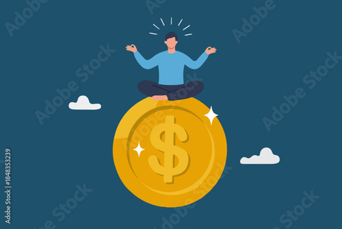 Financial guru or expert, behavioral finance mindfulness for wealth management, money and investment advisor concept, smart businessman meditate and floating on big golden money dollar coin.