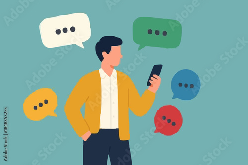 Verbal or oral communication skill, storytelling or explanation, public speaking, talking or discussion, telling message or speech concept, confidence businessman talking with multiple speech bubbles.
