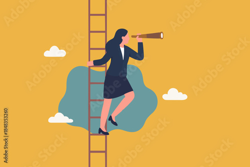 Career opportunity, business success vision or searching for new job, leadership visionary, looking for goal, future or business discovery concept, businesswoman climb up ladder looking on telescope.
