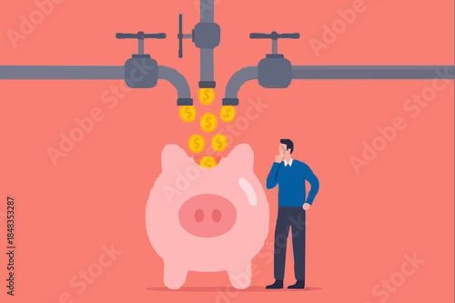 Multiple streams of income, passive income or revenue from invest in multi assets, side hustles to make money concept, rich businessman standing with multi cash flow from pipe into wealthy piggy bank.