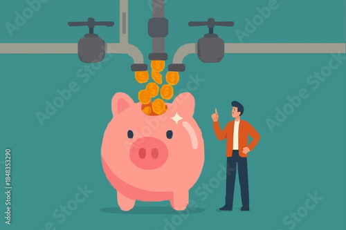 Multiple streams of income, passive income or revenue from invest in multi assets, side hustles to make money concept, rich businessman standing with multi cash flow from pipe into wealthy piggy bank.