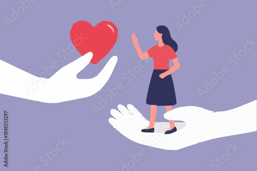 Empathy or sympathy understanding and share feeling with others, support or help community, kindness and compassion concept, supporting hand carry misfortune depressed woman and giving heart shape.