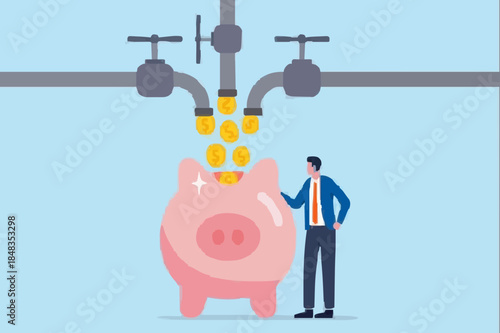Multiple streams of income, passive income or revenue from invest in multi assets, side hustles to make money concept, rich businessman standing with multi cash flow from pipe into wealthy piggy bank.