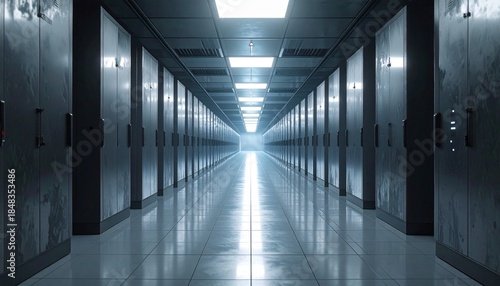 A symmetrical view down a long brightly lit corridor lined with rows of dark server racks in a data center