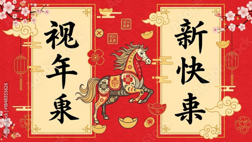 Vibrant chinese new year horse graphic with cherry blossoms and gold coins on red background