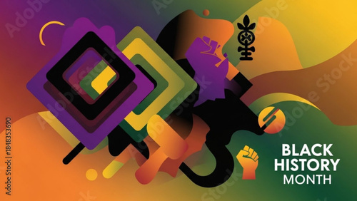 Vibrant abstract illustration celebrating black history month with fists and shapes