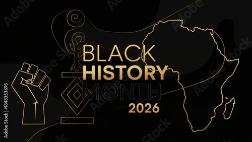 Black history month 2026 celebration with african continent and raised fist