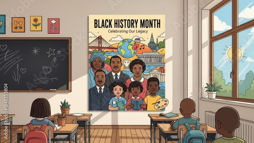Black history month poster on classroom wall with students looking on