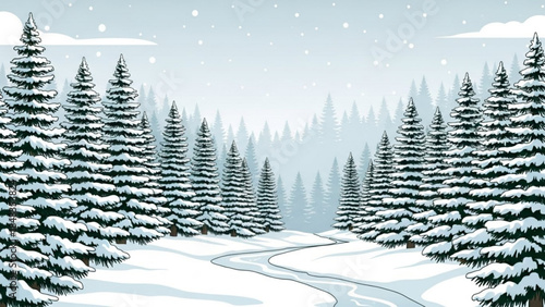 Snowy forest landscape with winding river and evergreen trees in winter