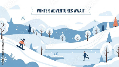 Snowboarder and ice skater enjoying winter sports in snowy landscape with trees and hills