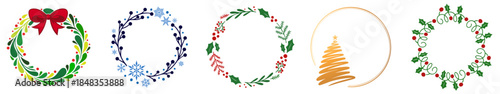 Christmas Round Wreath Frame Set — Circular Holiday Frames with Bow, Holly, Berries, Pine and Snowflakes for Cards and Greetings
