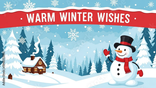 A cheerful snowman in a top hat and scarf stands in a snowy forest with a cozy house and warm