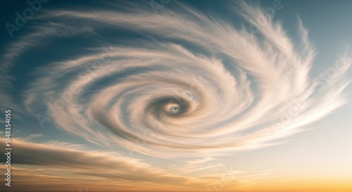 A mesmerizing cloud formation swirls in the sky, resembling a vortex or cyclone, with soft pastel colors creating a dreamy and ethereal atmosphere