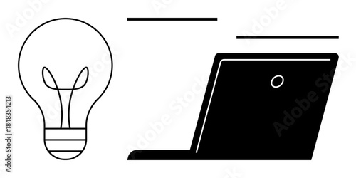 Innovation, business solutions, technology, remote work, education, creative thinking. Minimal black-and-white light bulb next to a laptop. Innovation and business solutions