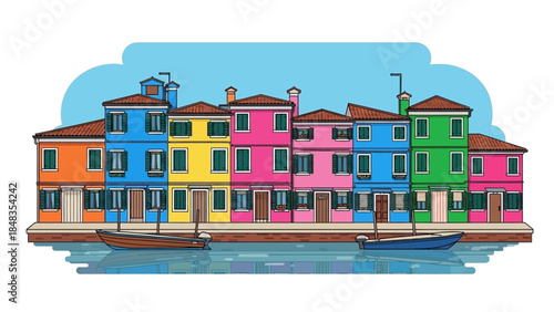 Colorful Buildings Lined Up Along a Canal with Boats.