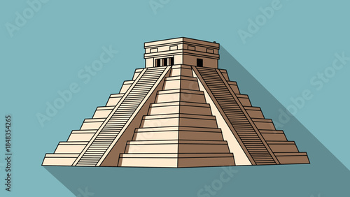 Ancient Mayan Pyramid Structure with Steep Staircases and Shadow.
