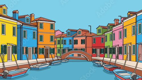 Colorful Venetian canal with boats and historic buildings.