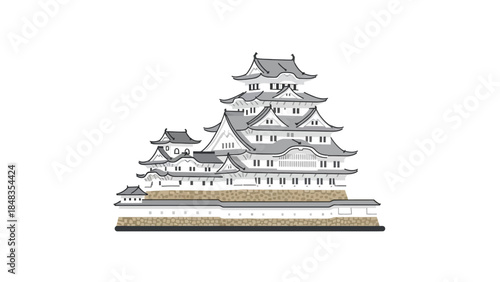 Himeji Castle architectural drawing traditional Japanese landmark illustration.