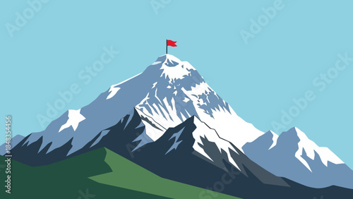Snowy mountain peak with a red flag on top symbolizing achievement.