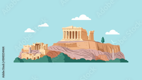 Ancient Acropolis of Athens with Parthenon Temple on a Hilltop.