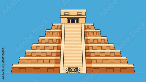 Ancient Mayan Pyramid Structure with Stone Steps and Blue Sky.
