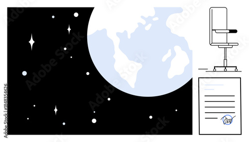 Remote work, global business, employment contracts, workforce diversity, work-life balance, future communication. Earth illustration with stars, chair document. Remote work and global business