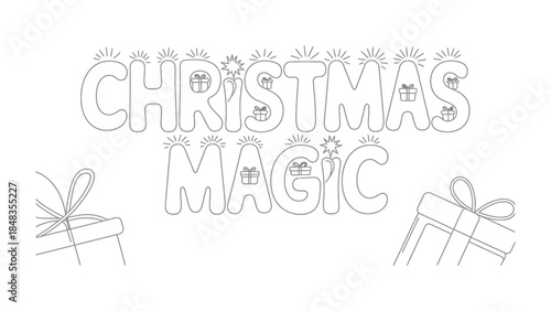 Christmas Magic Illustration: An enchanting illustration that spells out Christmas Magic, adorned with decorative gift boxes and twinkling stars, evokes the whimsical spirit of the holiday season.