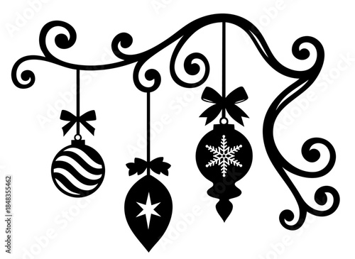 Christmas baubles corner ornament with hanging ornaments and decorative scrolls