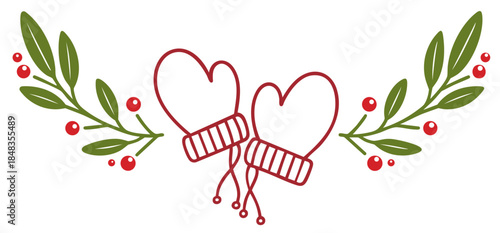 Christmas Decorative Divider with Mittens, Hearts and Winter Floral Ornament
