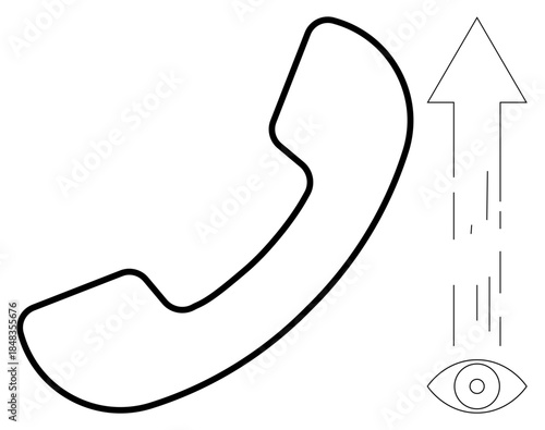 Communication, vision, connection, data transmission, monitoring, technology. A phone handset with an upward arrow and an eye icon. Communication and vision concept for modern connectivity