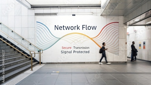 Fototapeta Naklejka Na Ścianę i Meble -  Modern subway station wall art featuring abstract design and wording about network flow, secure transmission, and signal protection