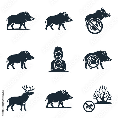 Silhouette Icons of Wild Boars Deer and Environmental Concerns.