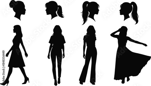 Woman silhouette, female icon, hairstyle variety, fashion pose, black profile, walking woman, dancing figure, stylish, elegant, modern