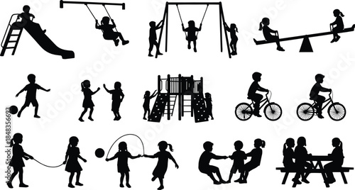 Playground silhouette, children playing, outdoor activity, kids recreation, swing, slide, seesaw, biking, running, social interaction, black icon