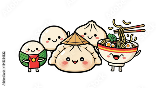 Cute cartoon Asian food characters including dumplings, bao buns, zongzi, and ramen noodles with smiling faces on a white background.