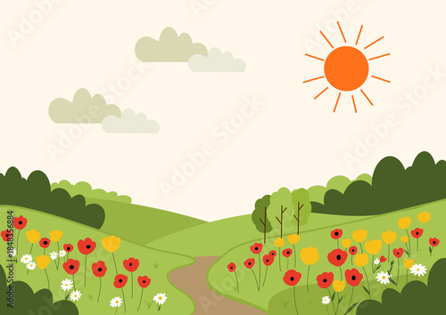 Flat illustration of a peaceful countryside landscape 
