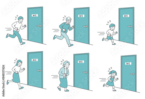 トイレに駆け込む人々のイラストセット（老若男女・腹痛・下痢・便意）