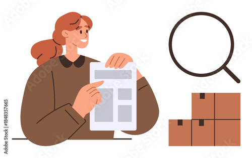 Woman holding and pointing at a document, large magnifying glass symbol, and cardboard boxes. Ideal for business, logistics, inventory, research, presentation, organization and delivery themes