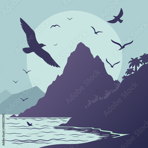 Seagulls flying over mountainous coastline