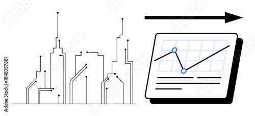 Digital city skyline linked with data points beside an analytics chart featuring growth trends. Ideal for urban planning, tech innovation, data analysis, progress tracking, smart cities, future