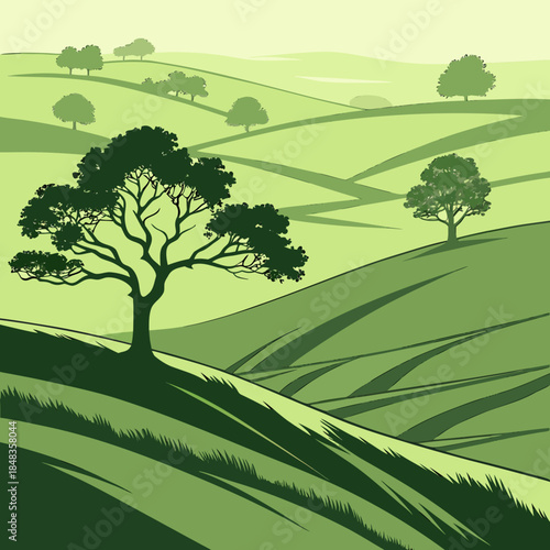 Serene countryside with lone tree