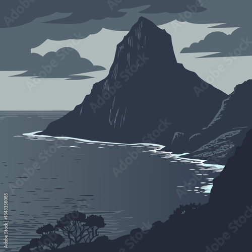 Majestic mountain overlooking calm waters