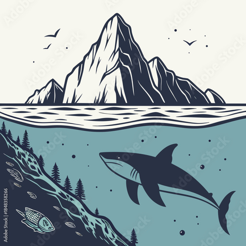 Mountain and shark underwater
